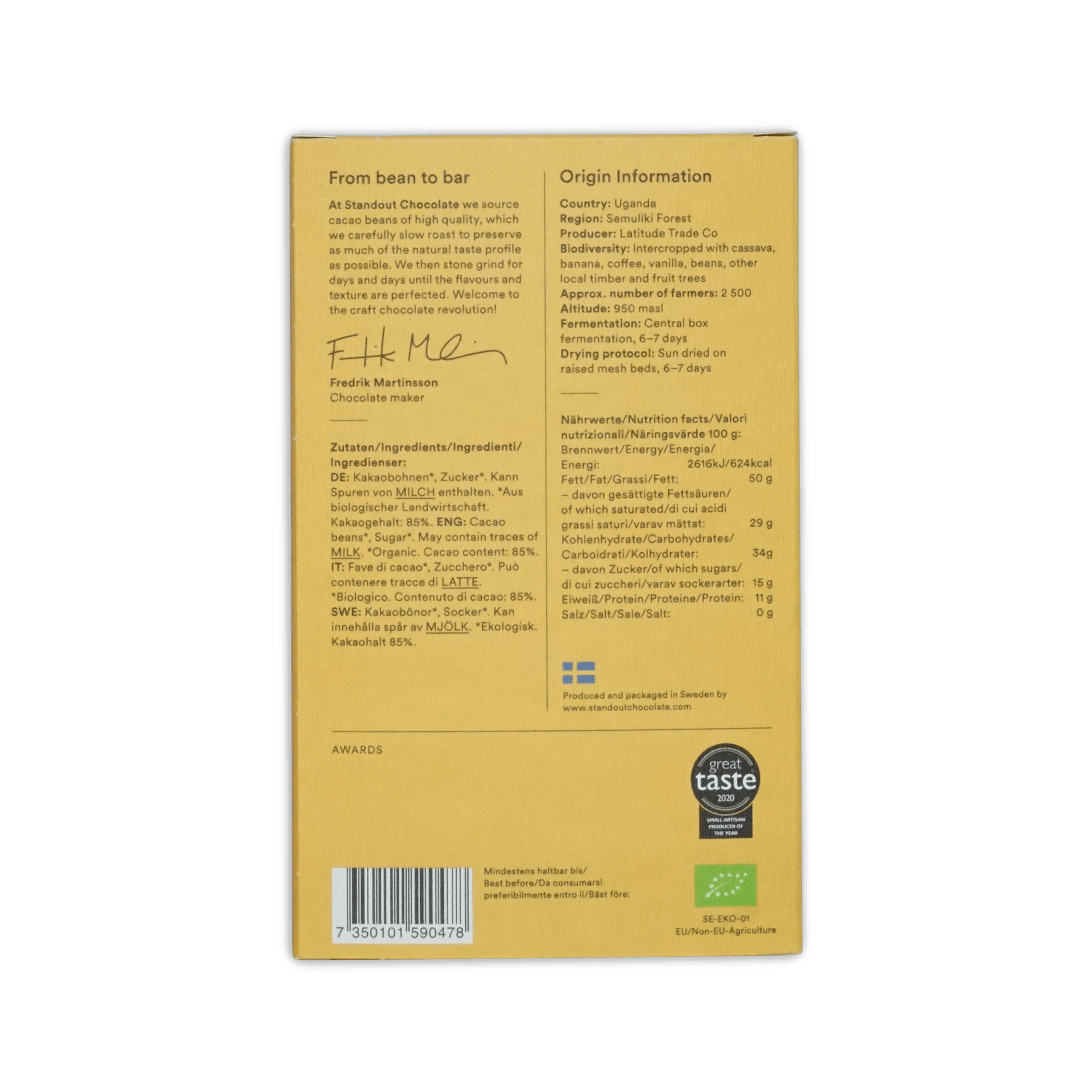 Yellow cardboard wrapper of Standout Chocolate Uganda Semuliki Forest 85 percent with black text and green organic logo