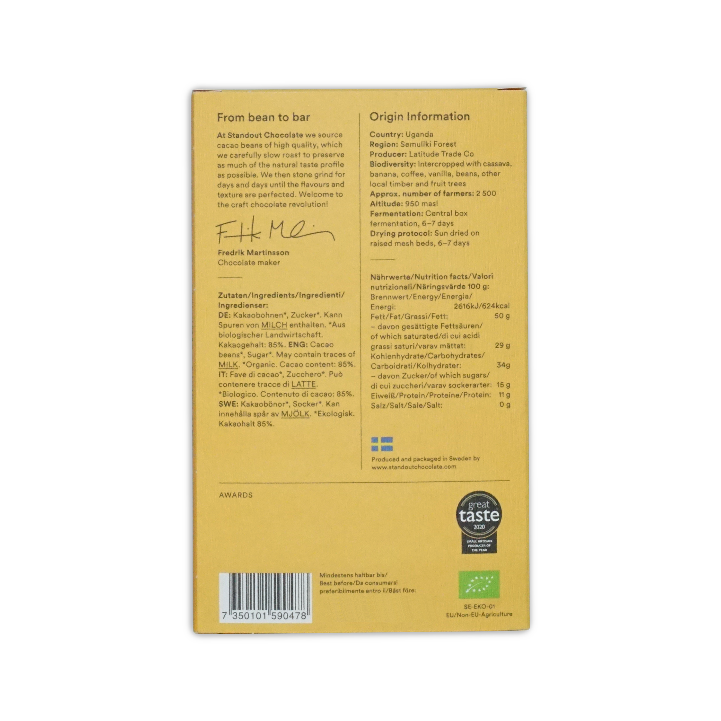 Yellow cardboard wrapper of Standout Chocolate Uganda Semuliki Forest 85 percent with black text and green organic logo