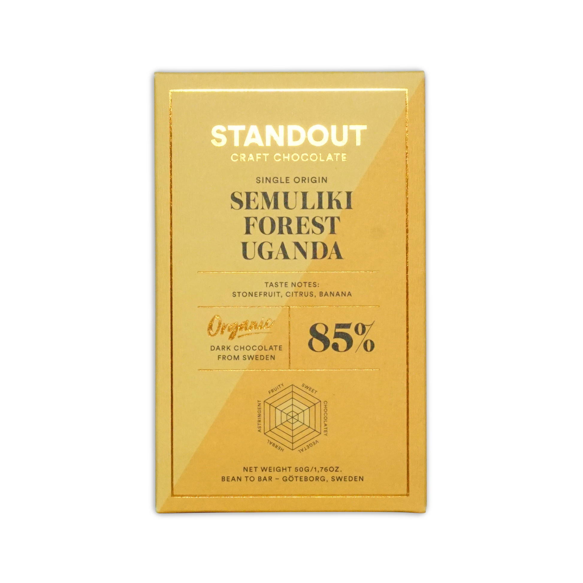 A golden-yellow rectangular chocolate bar wrapper from standout craft chocolate with gold foil lettering and a hexagonal flavor diagram for uganda semuliki forest 85 percent