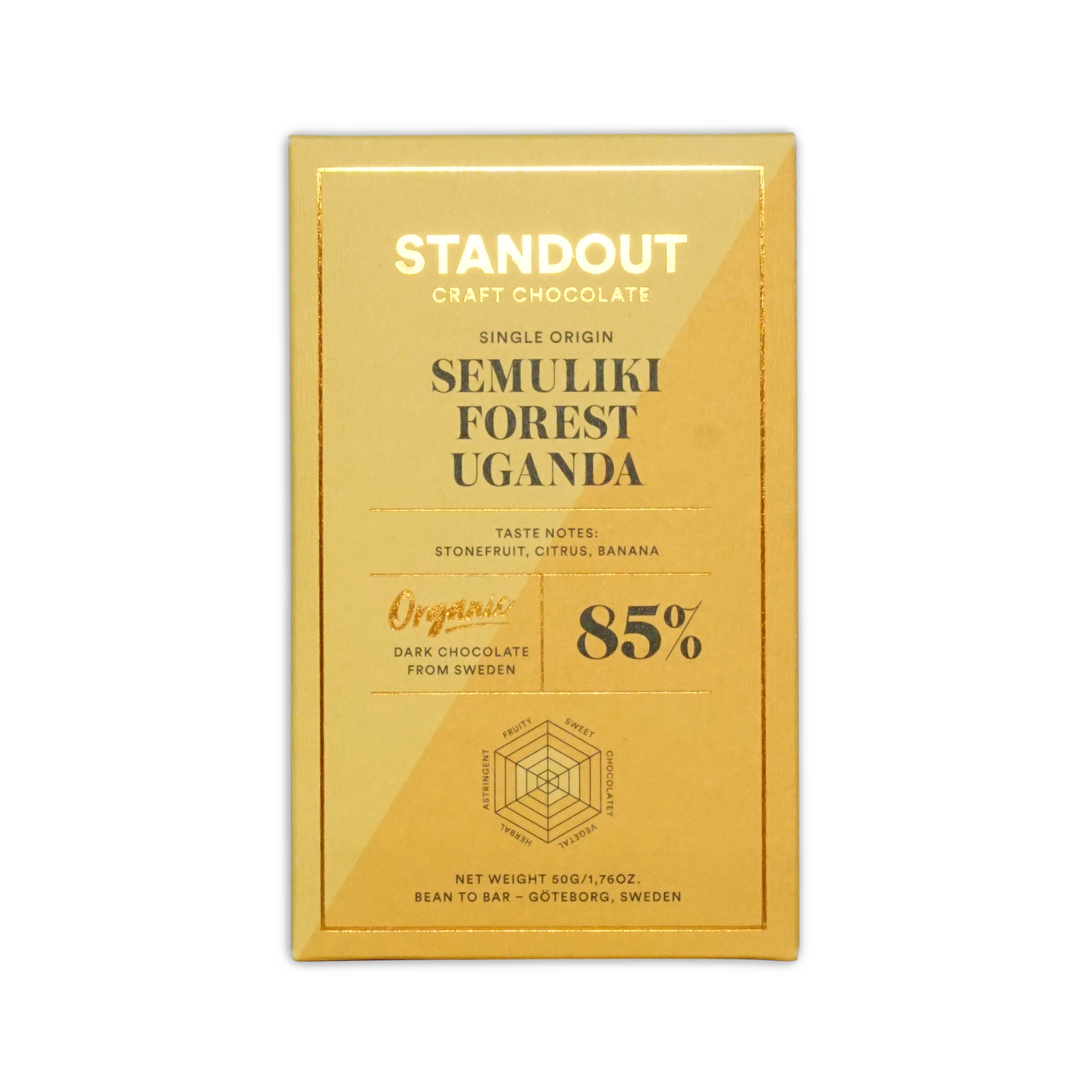 A golden-yellow rectangular chocolate bar wrapper from standout craft chocolate with gold foil lettering and a hexagonal flavor diagram for uganda semuliki forest 85 percent