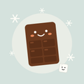 Illustration of a smiling chocolate bar with an ice cube and snowflakes on a sage background