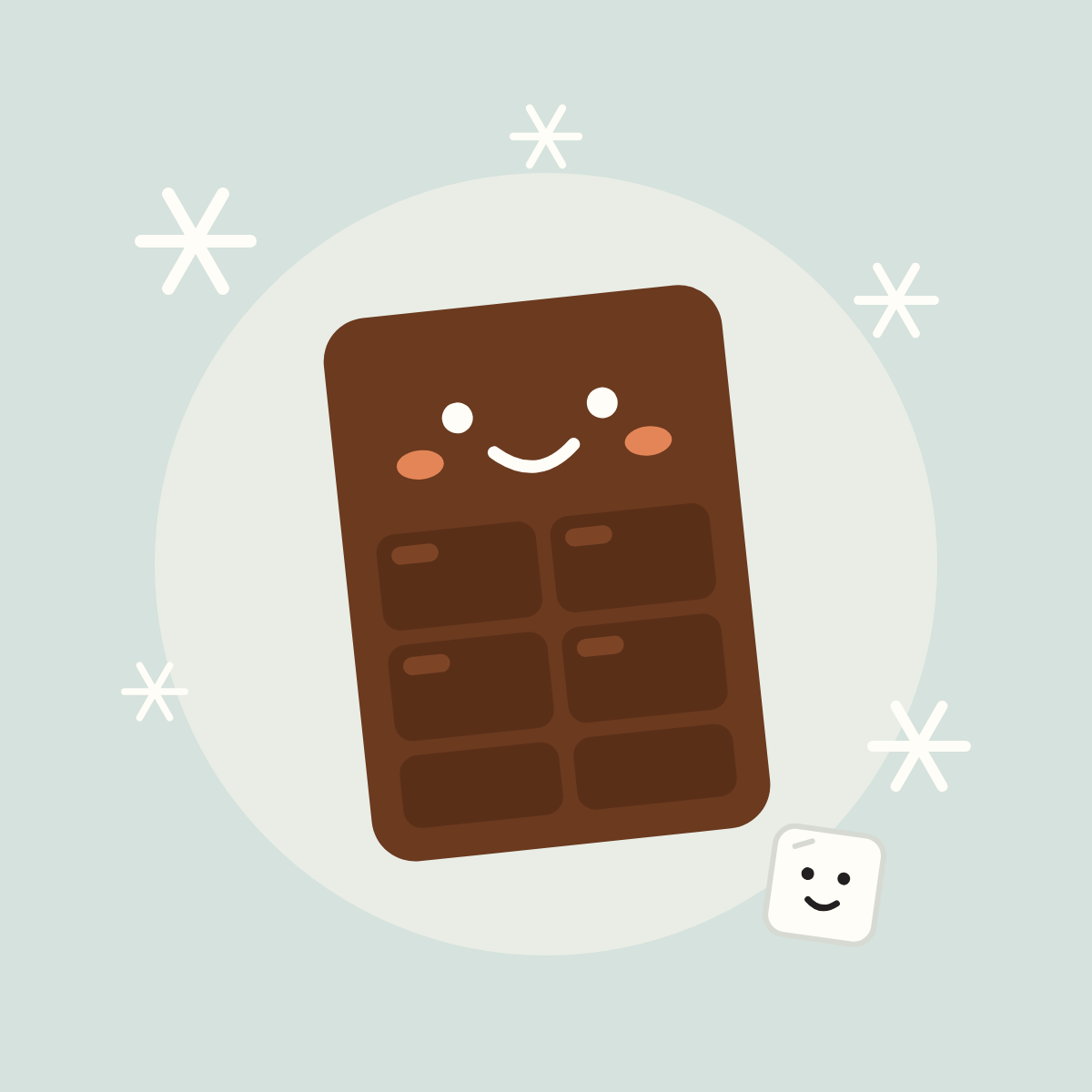 Illustration of a smiling chocolate bar with an ice cube and snowflakes on a sage background