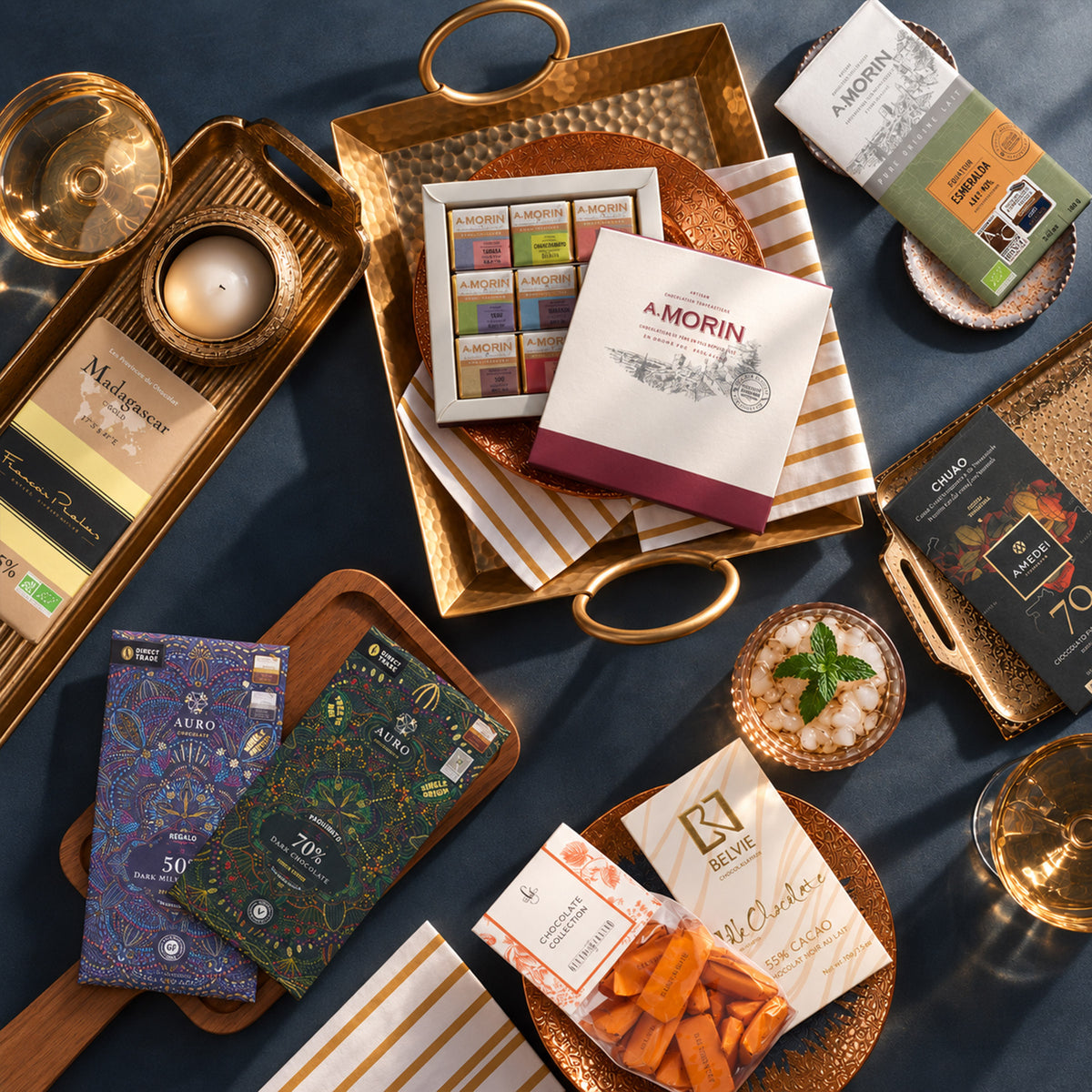 Sweet Amends Sorry mixed chocolate gift bundle, bars, an A. Morin box and gianduiotti.