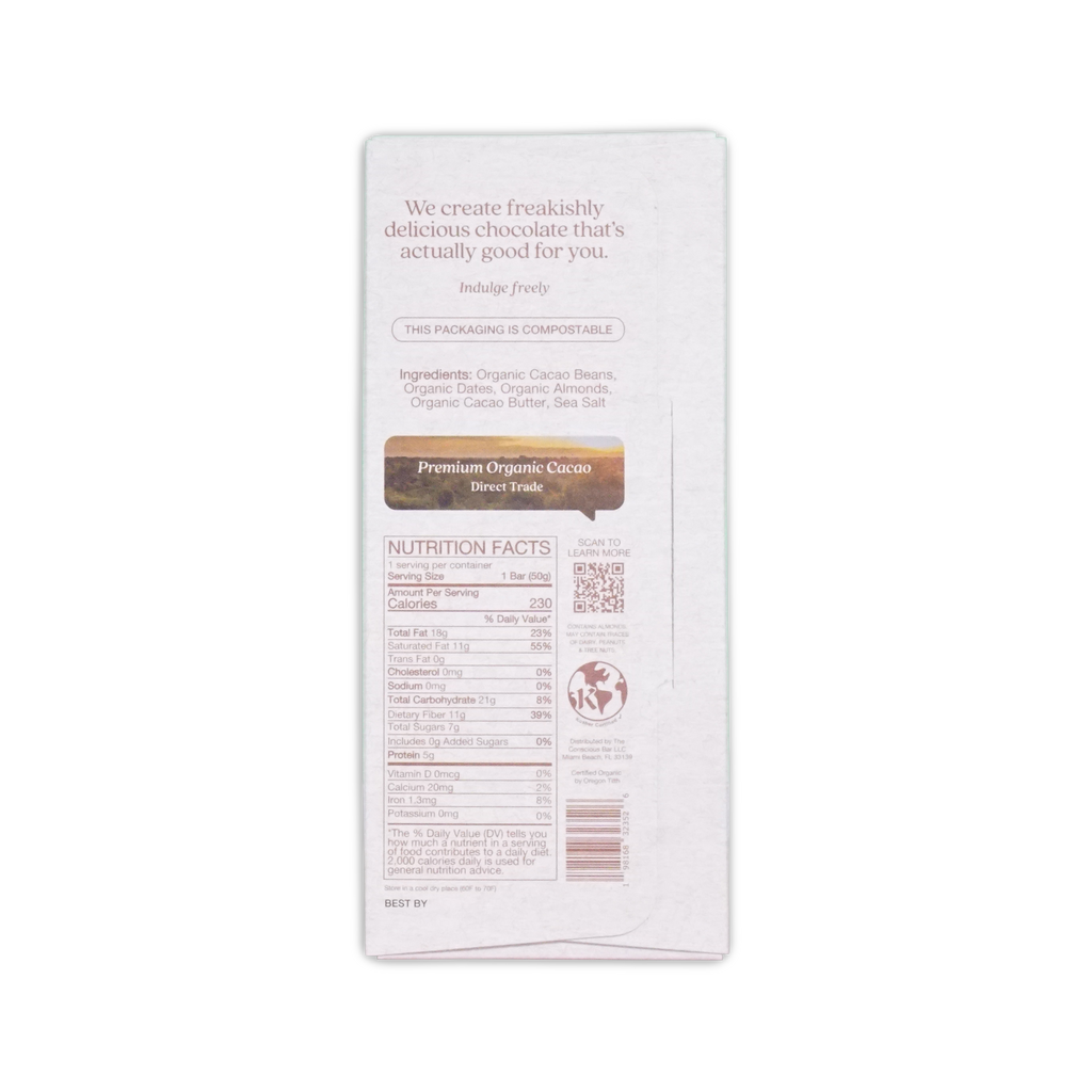 White chocolate bar wrapper with brown and black text featuring premium organic cacao branding for the conscious bar dark almond sea salt 72%