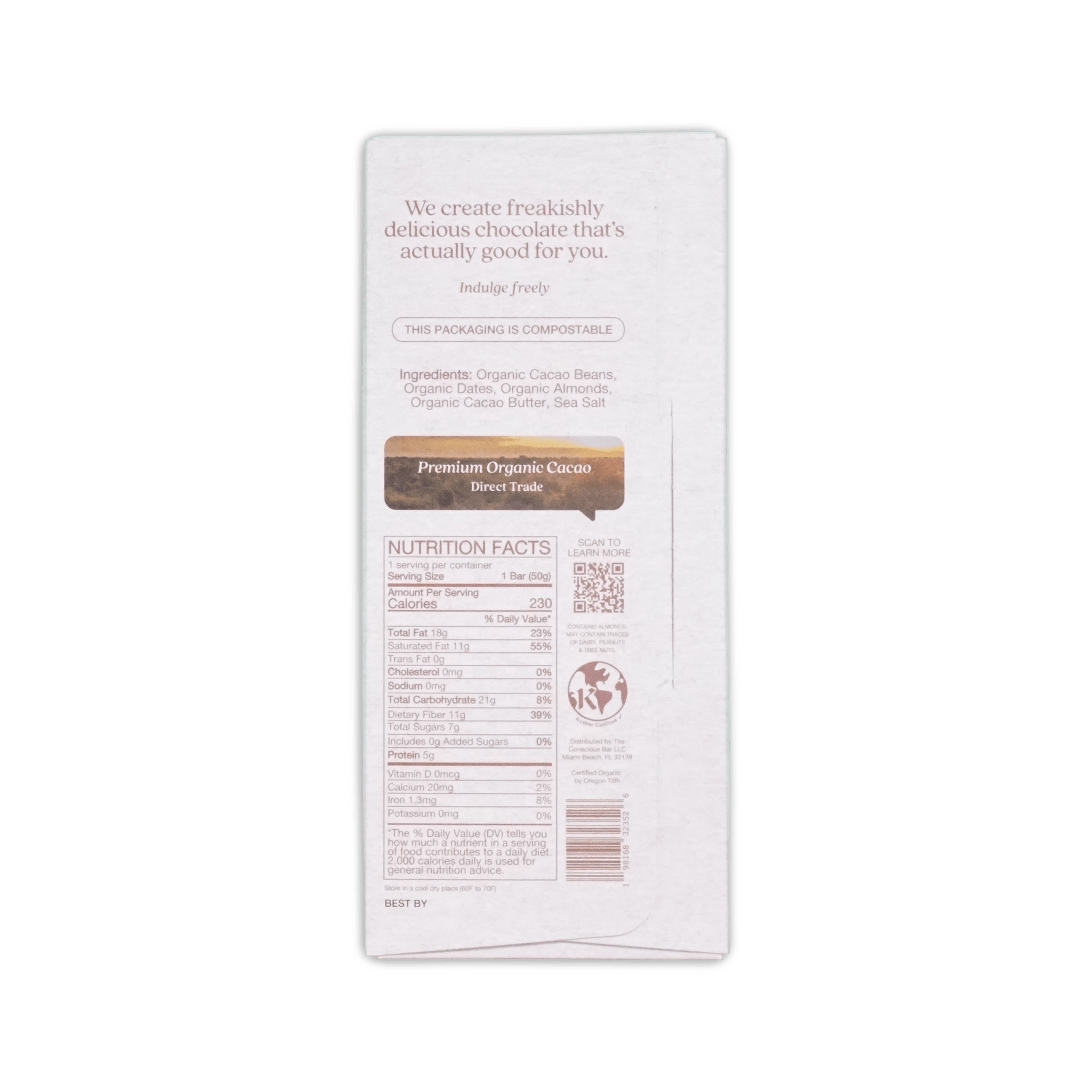 White chocolate bar wrapper with brown and black text featuring premium organic cacao branding for the conscious bar dark almond sea salt 72%