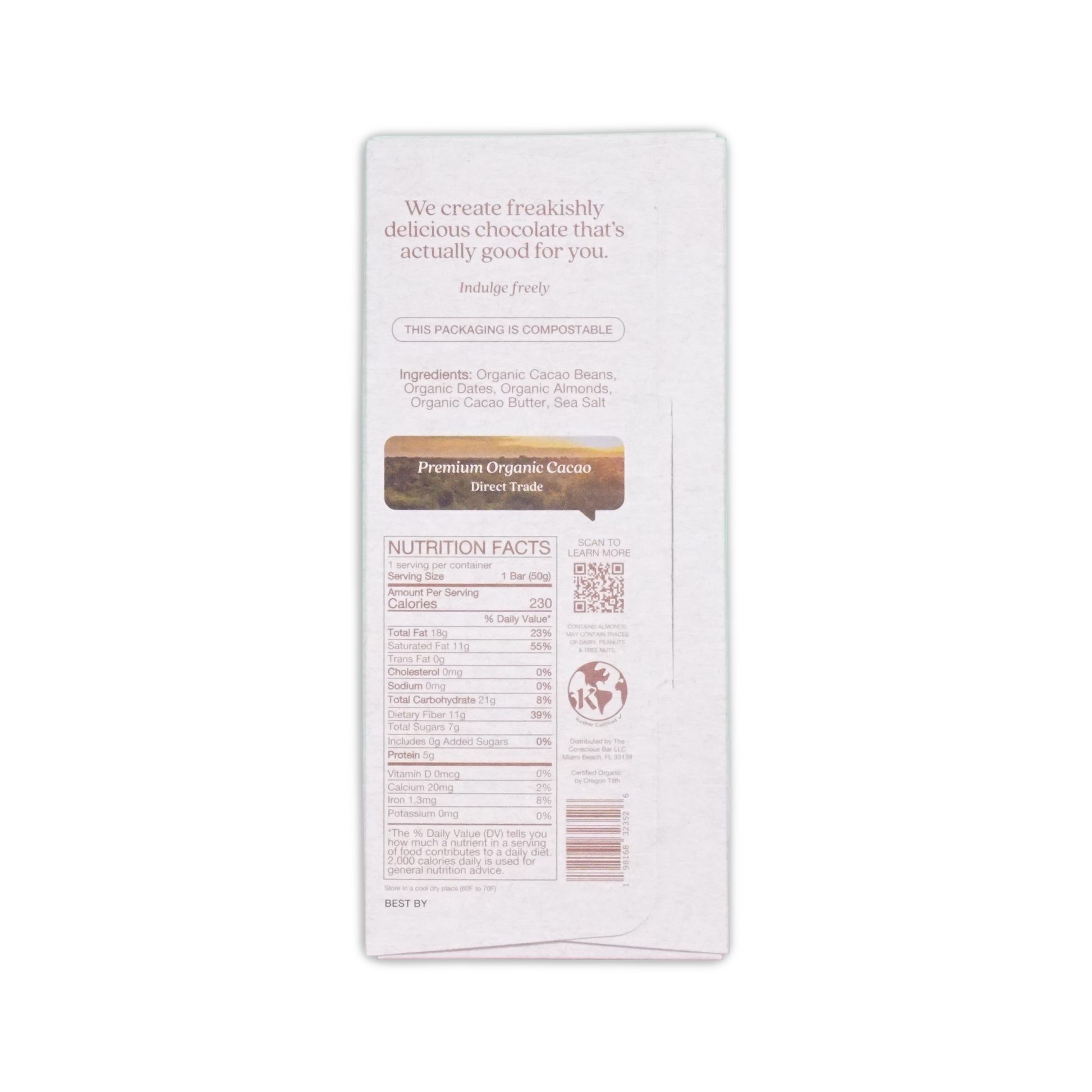 White chocolate bar wrapper with brown and black text featuring premium organic cacao branding for the conscious bar dark almond sea salt 72%