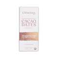 A white rectangular package of the Conscious Bar dark almond sea salt 72 percent cacao and dates chocolate bar
