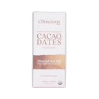 A white rectangular package of the Conscious Bar dark almond sea salt 72 percent cacao and dates chocolate bar