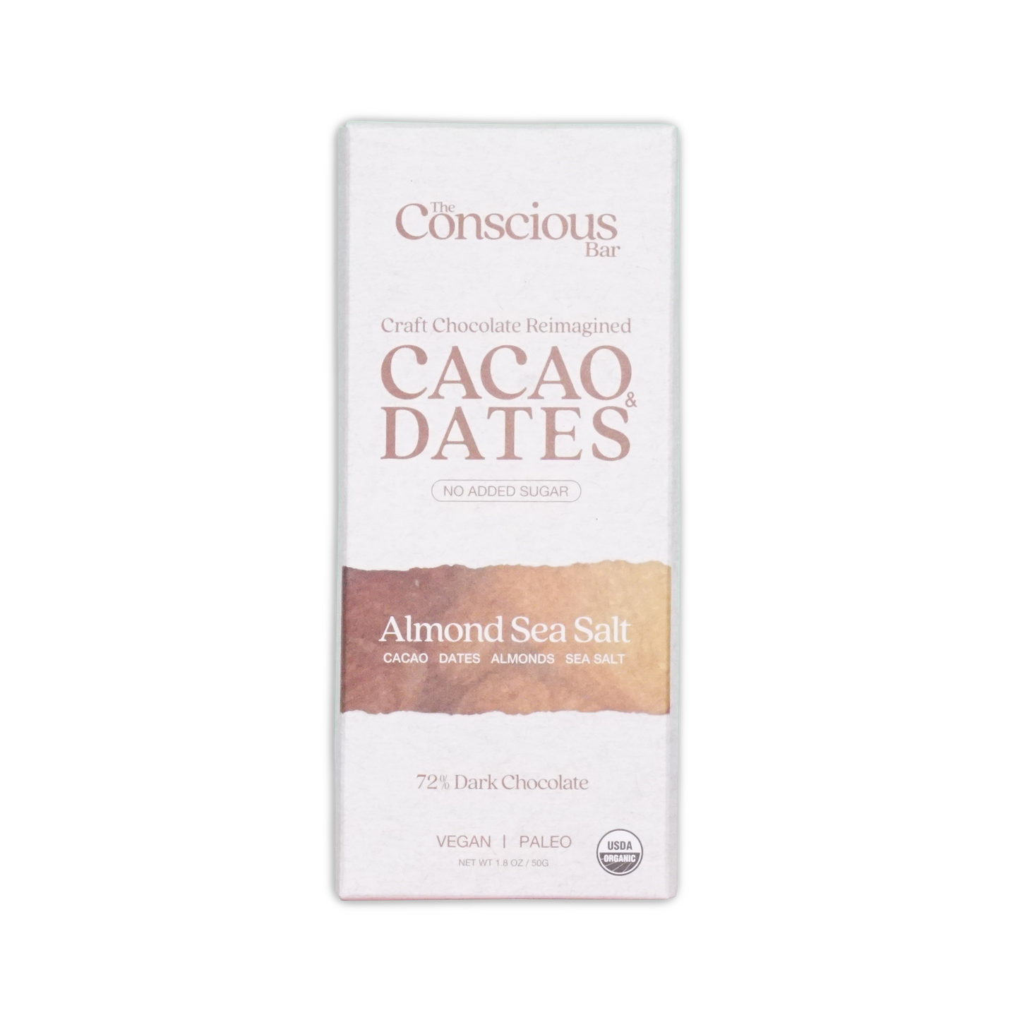 A white rectangular package of the Conscious Bar dark almond sea salt 72 percent cacao and dates chocolate bar