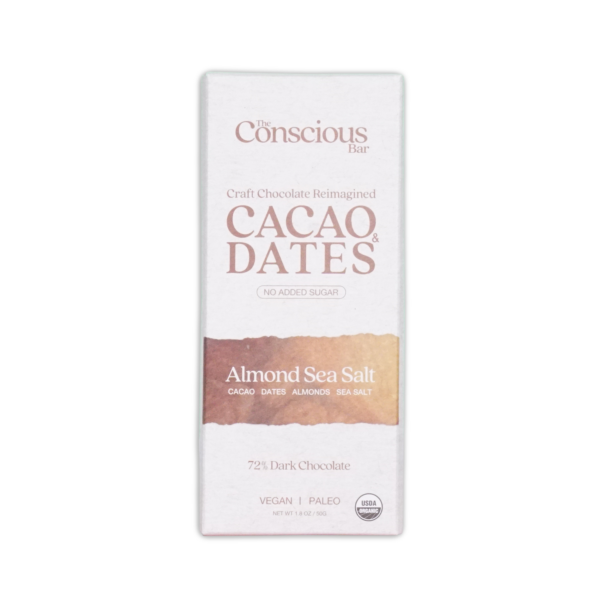 A white rectangular package of the Conscious Bar dark almond sea salt 72 percent cacao and dates chocolate bar