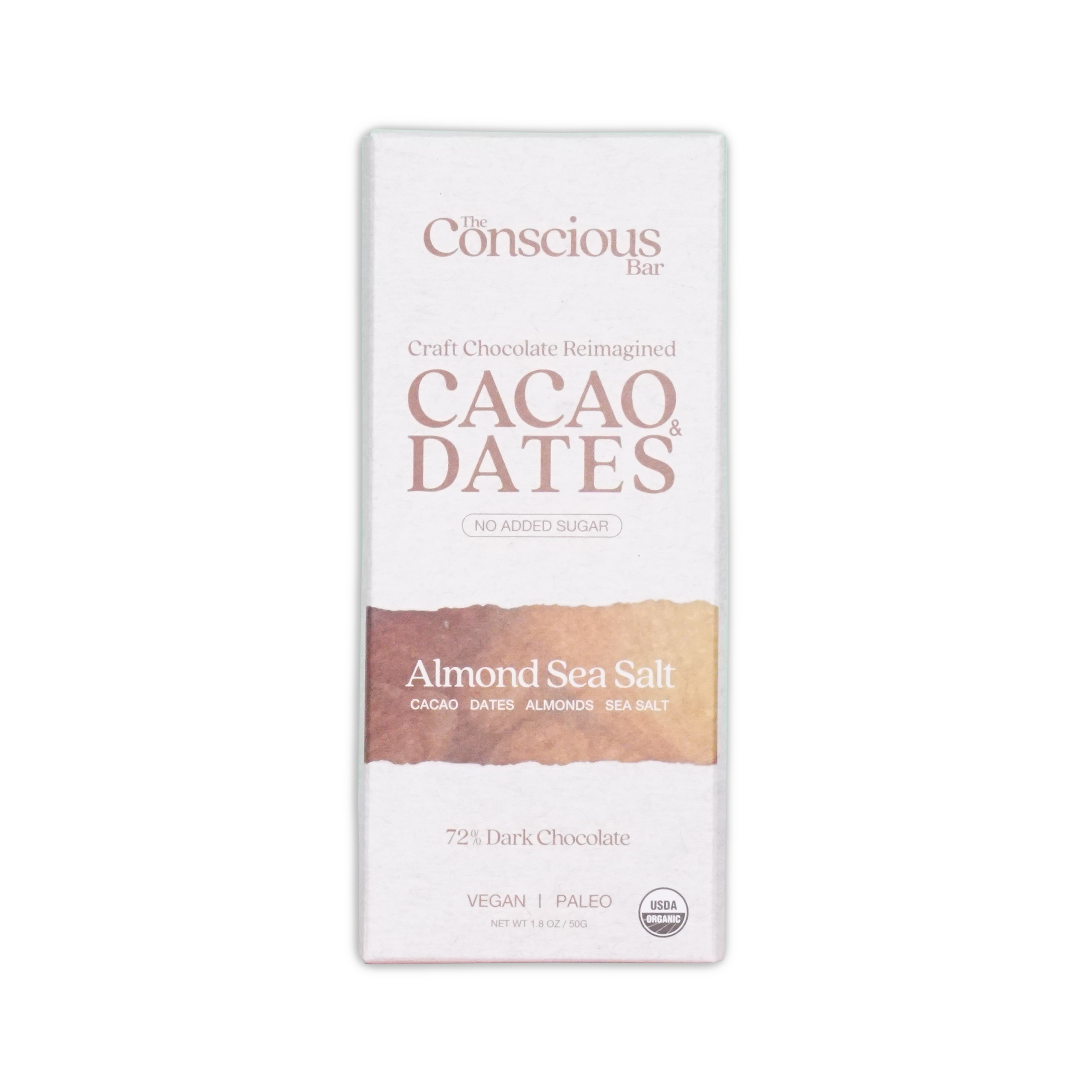 A white rectangular package of the Conscious Bar dark almond sea salt 72 percent cacao and dates chocolate bar