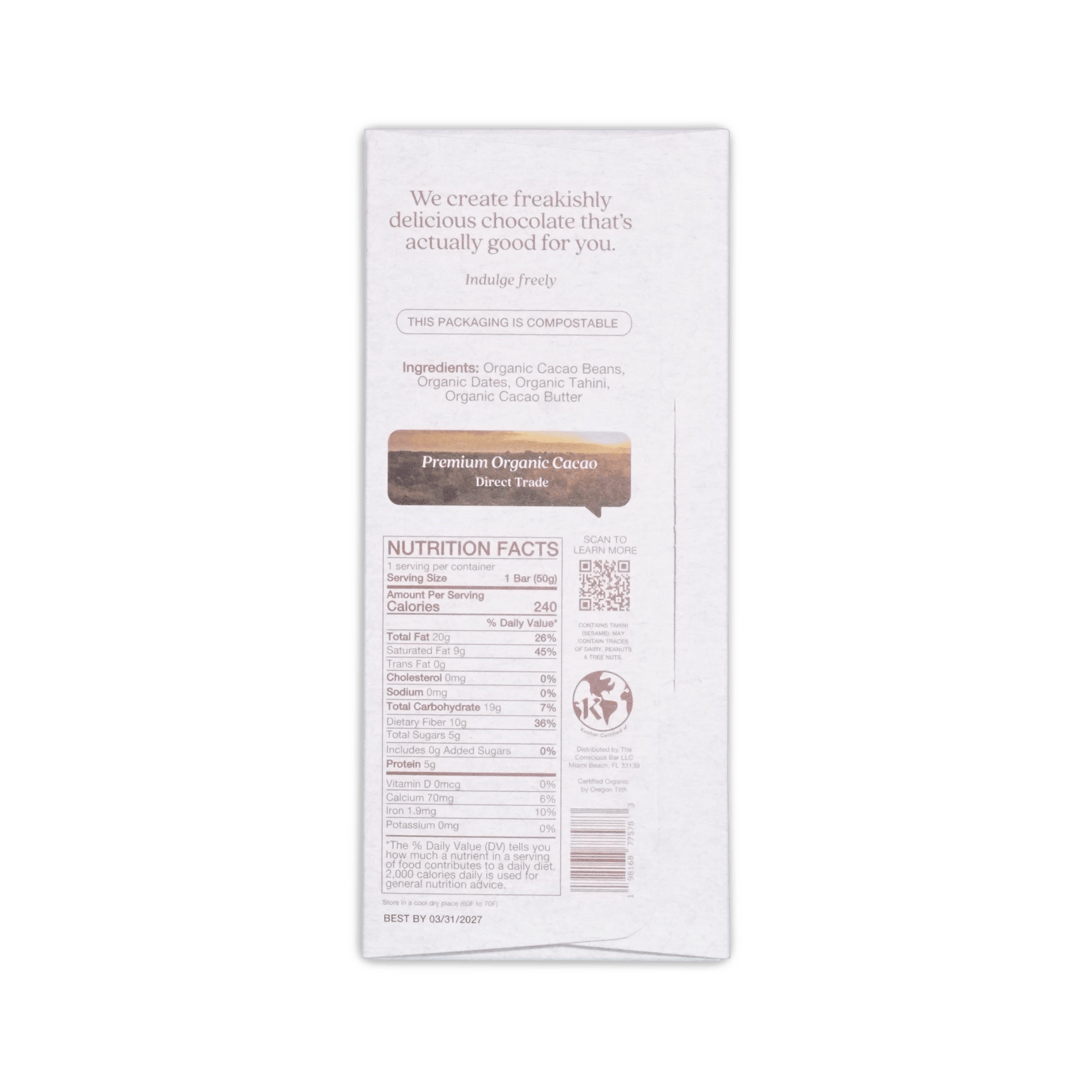 White rectangular package of the conscious bar organic dark creamy tahini 72 percent chocolate with brown label and black text