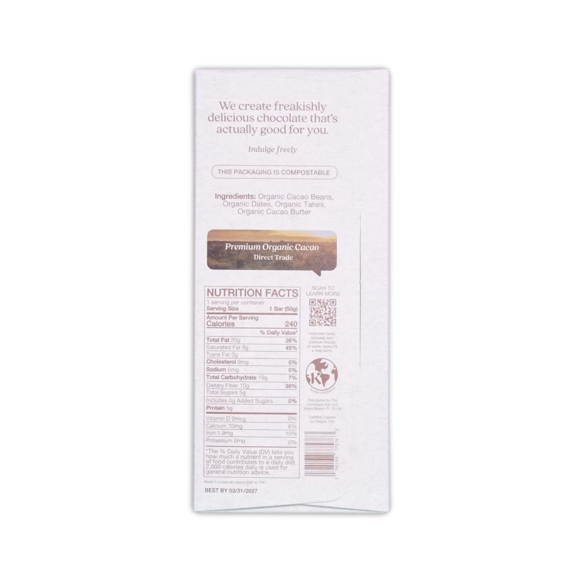 White rectangular package of the conscious bar organic dark creamy tahini 72 percent chocolate with brown label and black text