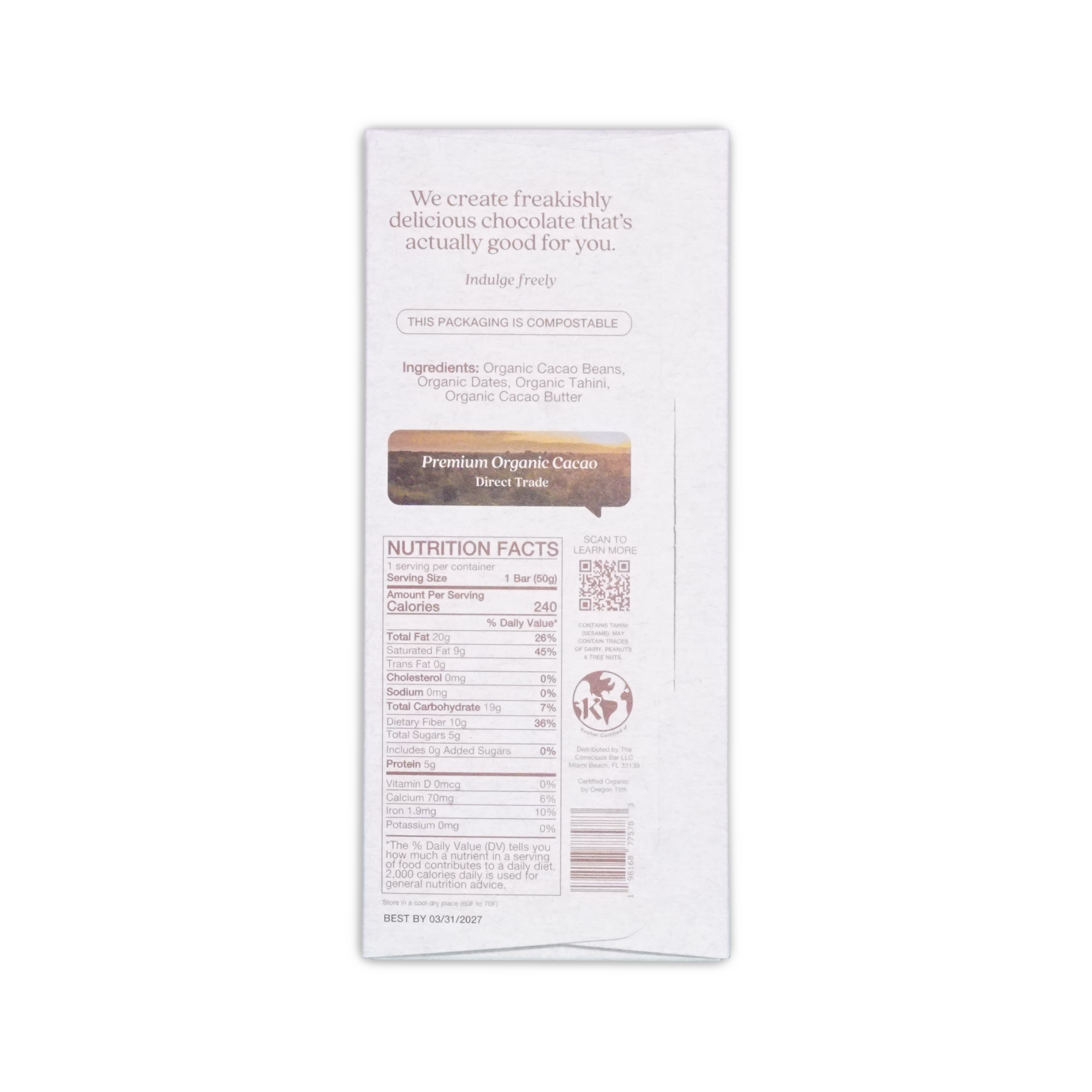 White rectangular package of the conscious bar organic dark creamy tahini 72 percent chocolate with brown label and black text
