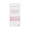 A white rectangular package of the conscious bar dark creamy tahini 72 percent cacao and dates chocolate bar with pink stripe
