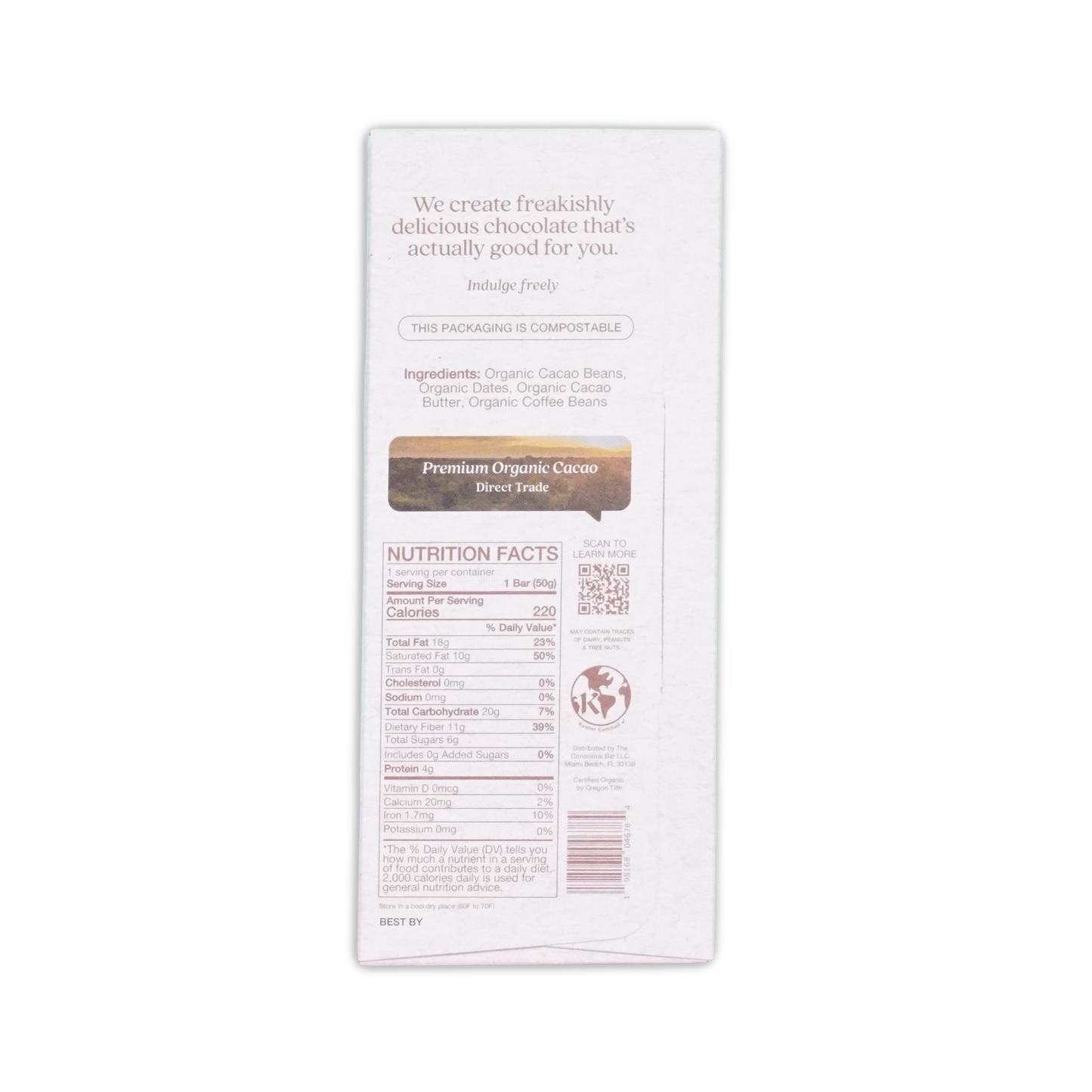 White rectangular wrapper of the conscious bar dark espresso crunch 72 percent with black text and brown premium organic cacao label