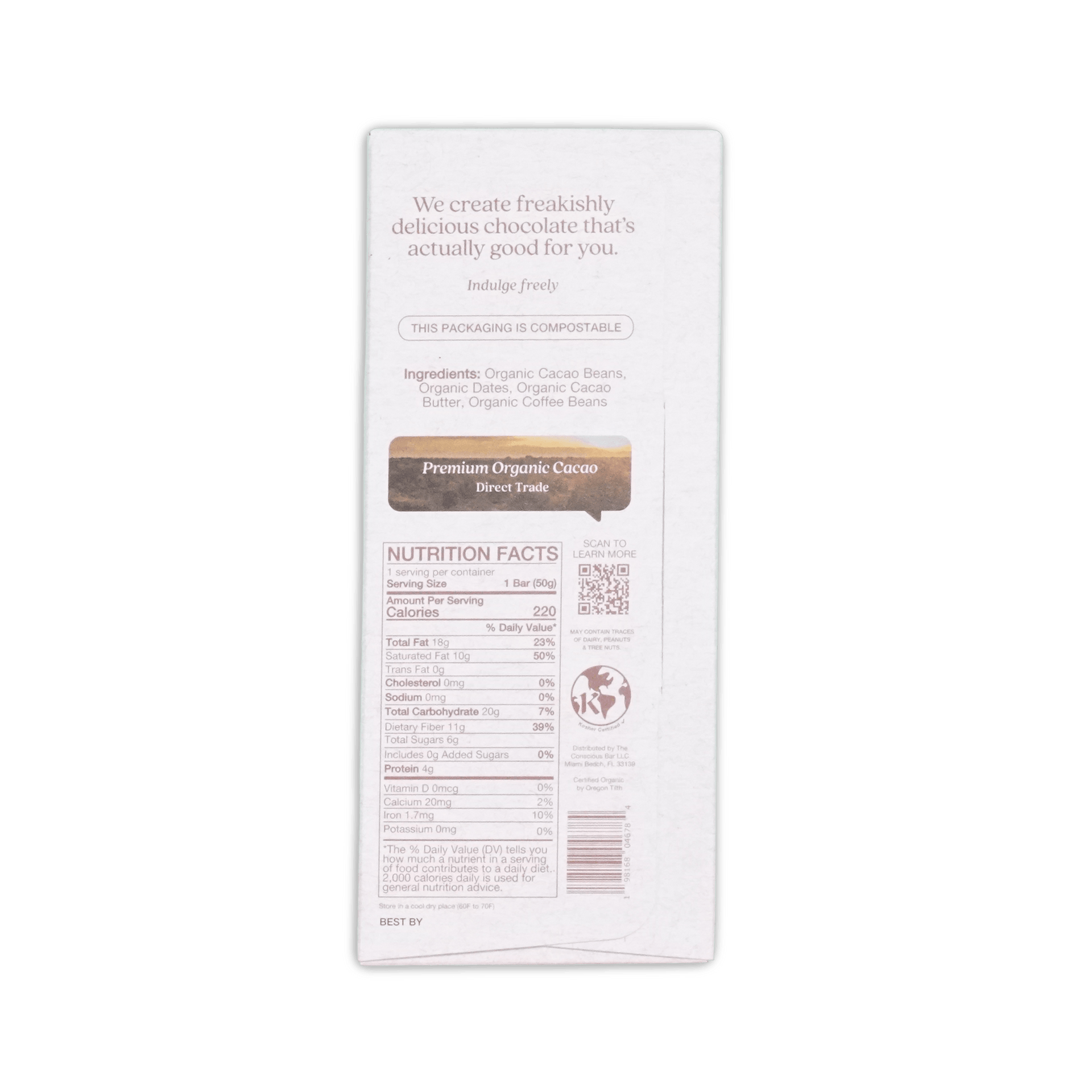 White rectangular wrapper of the conscious bar dark espresso crunch 72 percent with black text and brown premium organic cacao label