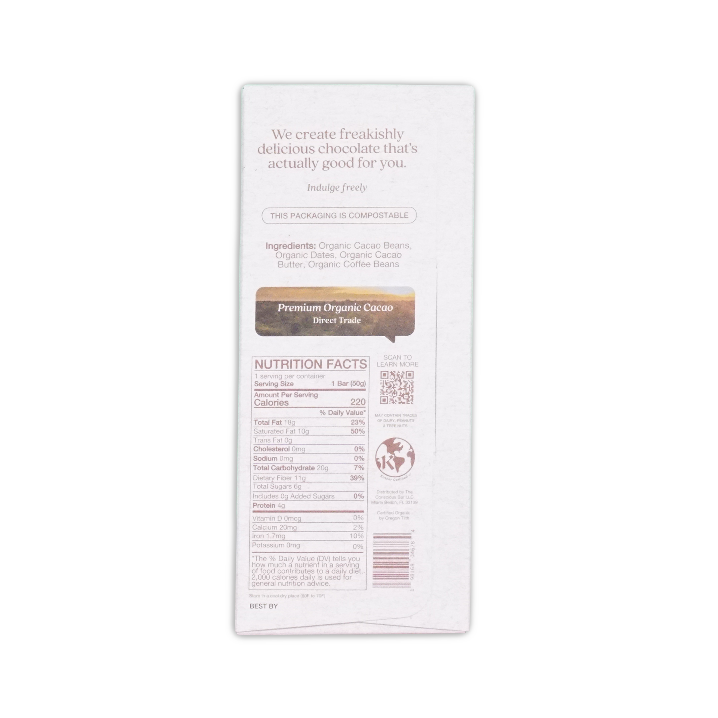 White rectangular wrapper of the conscious bar dark espresso crunch 72 percent with black text and brown premium organic cacao label