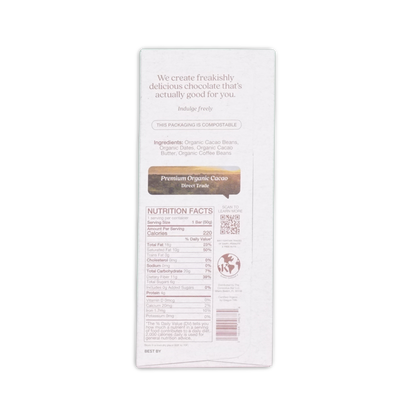 White rectangular wrapper of the conscious bar dark espresso crunch 72 percent with black text and brown premium organic cacao label
