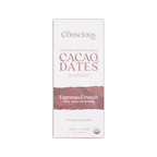 A white rectangular package of the conscious bar dark espresso crunch dark chocolate bar with 72% cacao and no added sugar