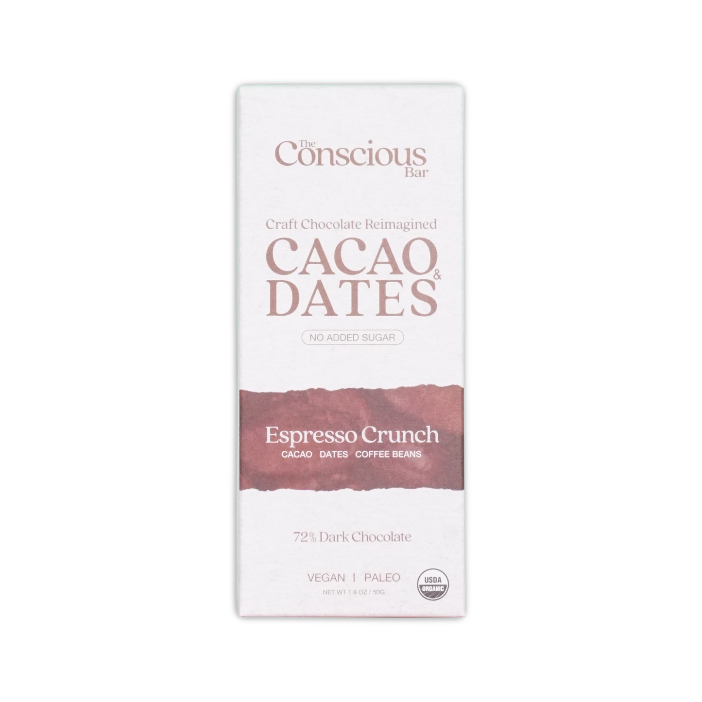 A white rectangular package of the conscious bar dark espresso crunch dark chocolate bar with 72% cacao and no added sugar