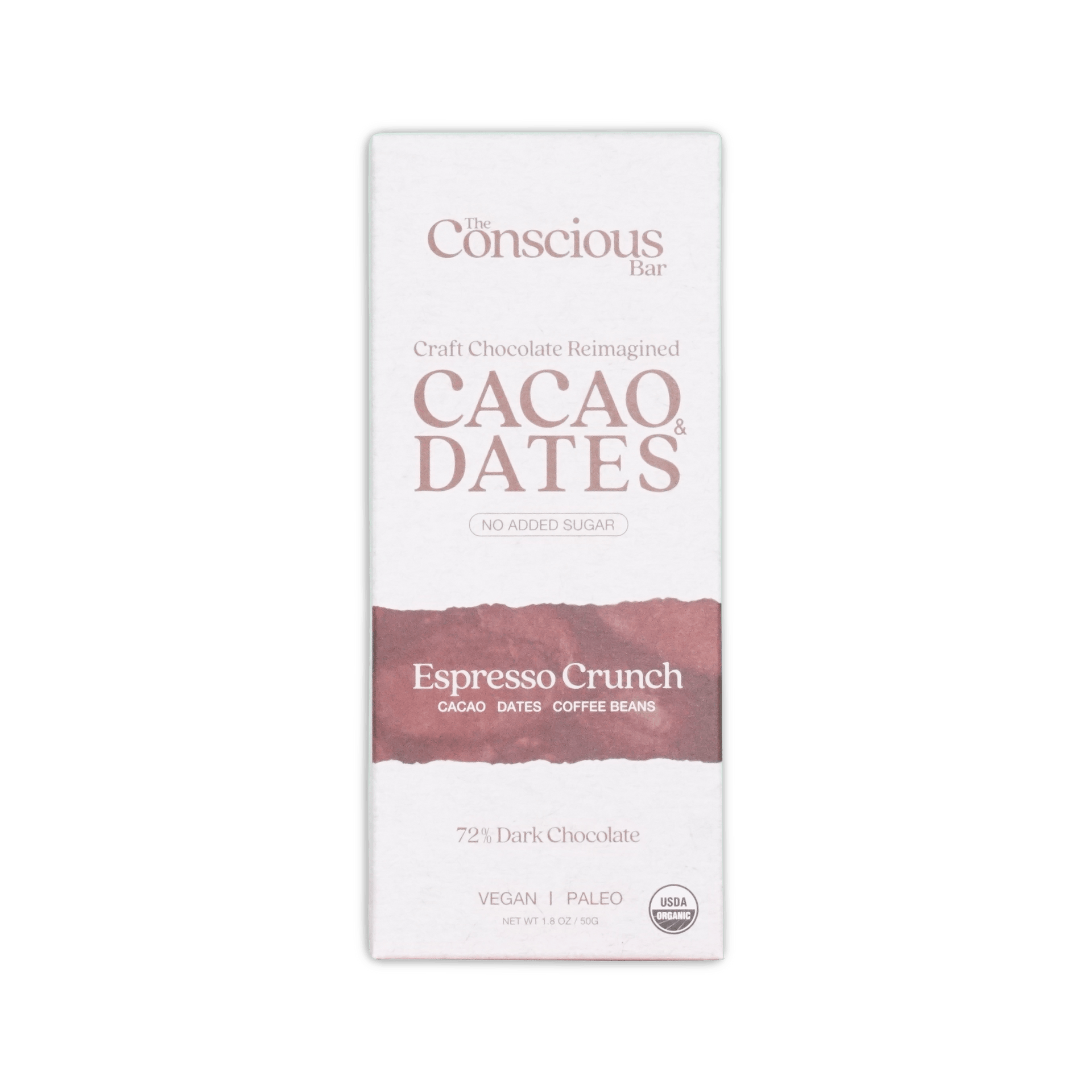 A white rectangular package of the conscious bar dark espresso crunch dark chocolate bar with 72% cacao and no added sugar
