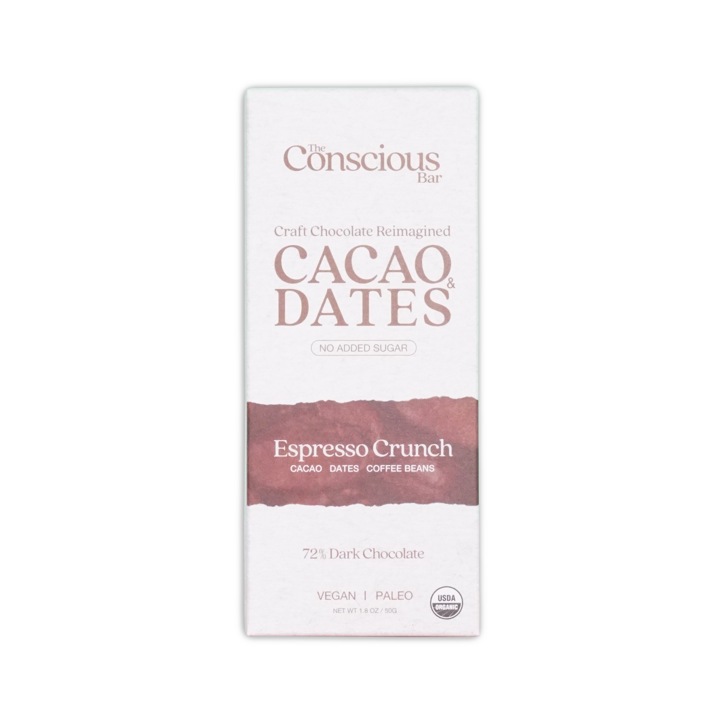 A white rectangular package of the conscious bar dark espresso crunch dark chocolate bar with 72% cacao and no added sugar