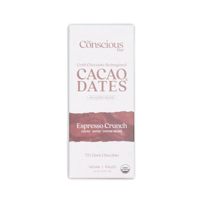 A white rectangular package of the conscious bar dark espresso crunch dark chocolate bar with 72% cacao and no added sugar