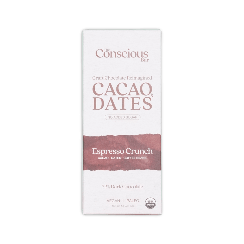 A white rectangular package of the conscious bar dark espresso crunch dark chocolate bar with 72% cacao and no added sugar