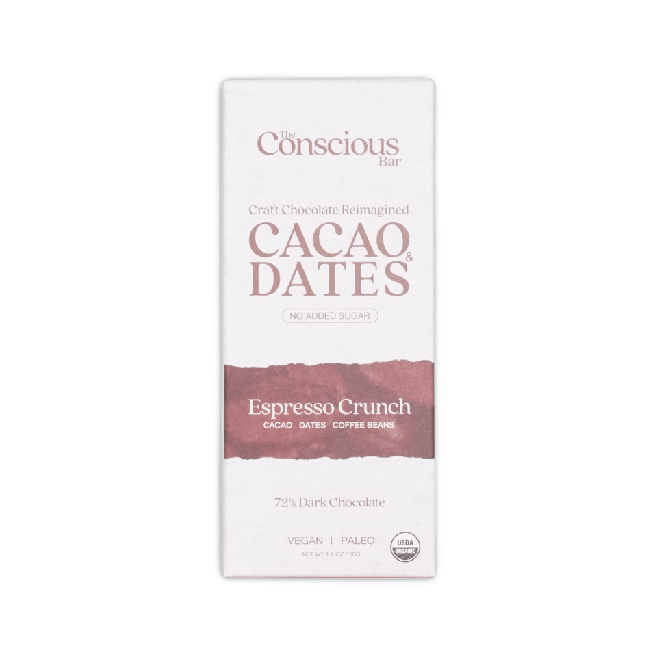 A white rectangular package of the conscious bar dark espresso crunch dark chocolate bar with 72% cacao and no added sugar