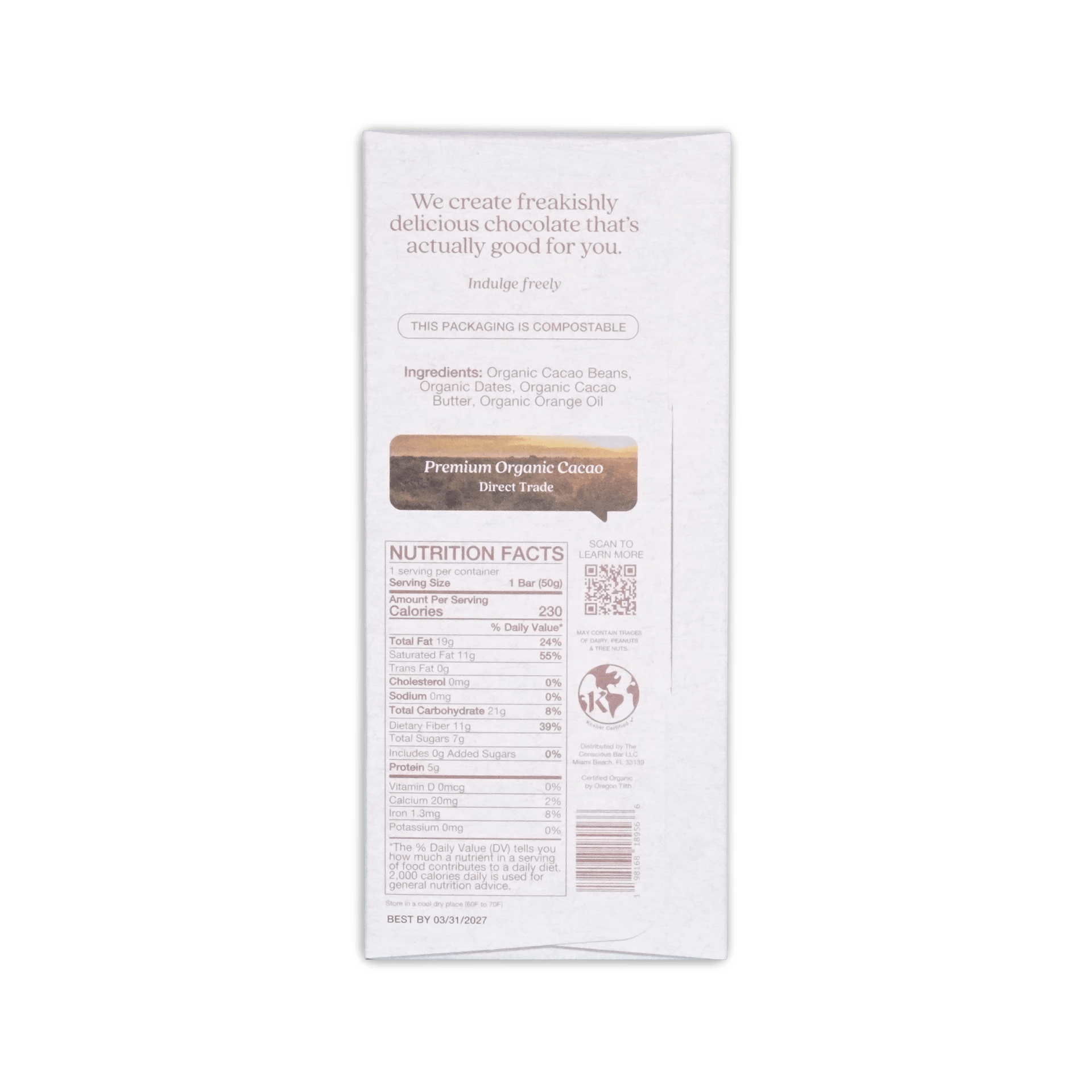 White rectangular chocolate bar wrapper with brown and black text featuring premium organic cacao branding for the conscious bar dark orange blossom 72%