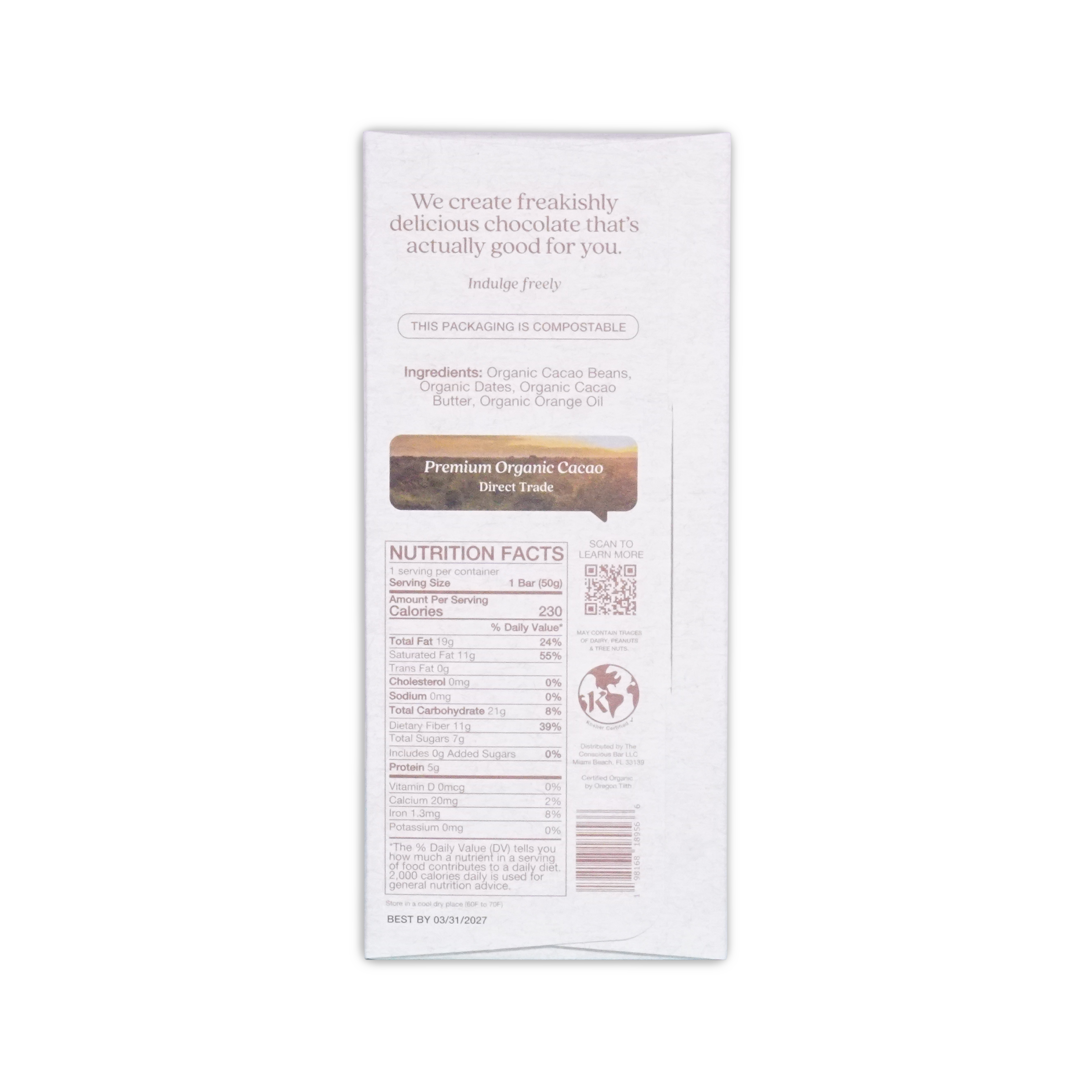 White rectangular chocolate bar wrapper with brown and black text featuring premium organic cacao branding for the conscious bar dark orange blossom 72%