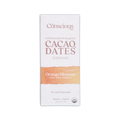 The conscious bar dark orange blossom 72 percent cacao and dates chocolate bar in white and peach minimalist wrapper