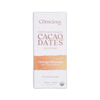 The conscious bar dark orange blossom 72 percent cacao and dates chocolate bar in white and peach minimalist wrapper