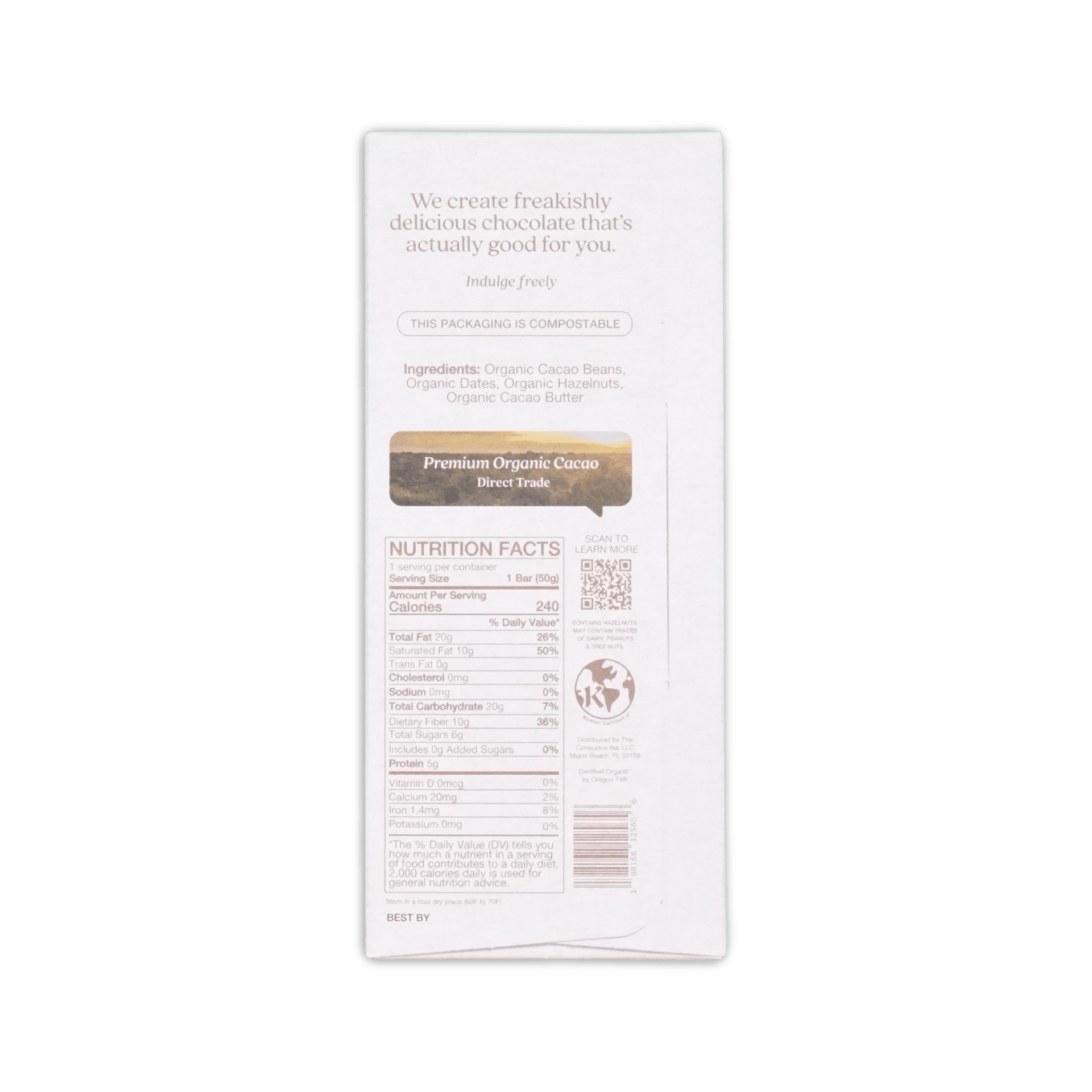 White rectangular wrapper of The Conscious Bar dark roasted hazelnuts 72 percent with premium organic cacao label