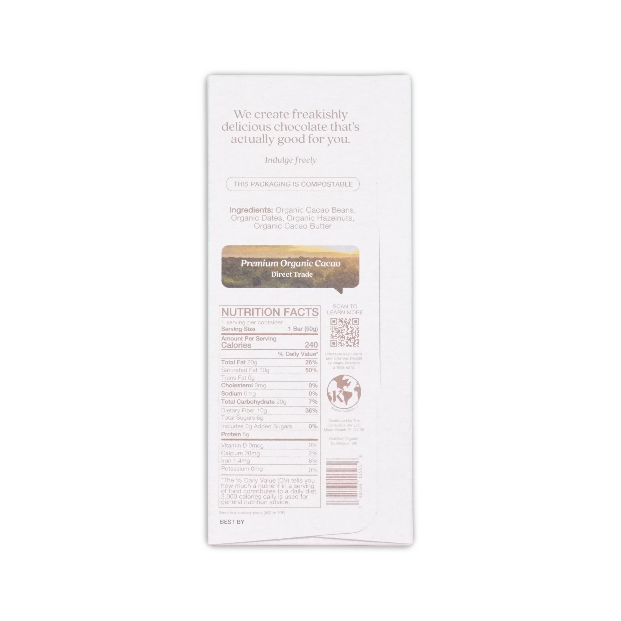 White rectangular wrapper of The Conscious Bar dark roasted hazelnuts 72 percent with premium organic cacao label