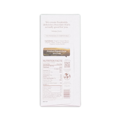 White rectangular wrapper of The Conscious Bar dark roasted hazelnuts 72 percent with premium organic cacao label