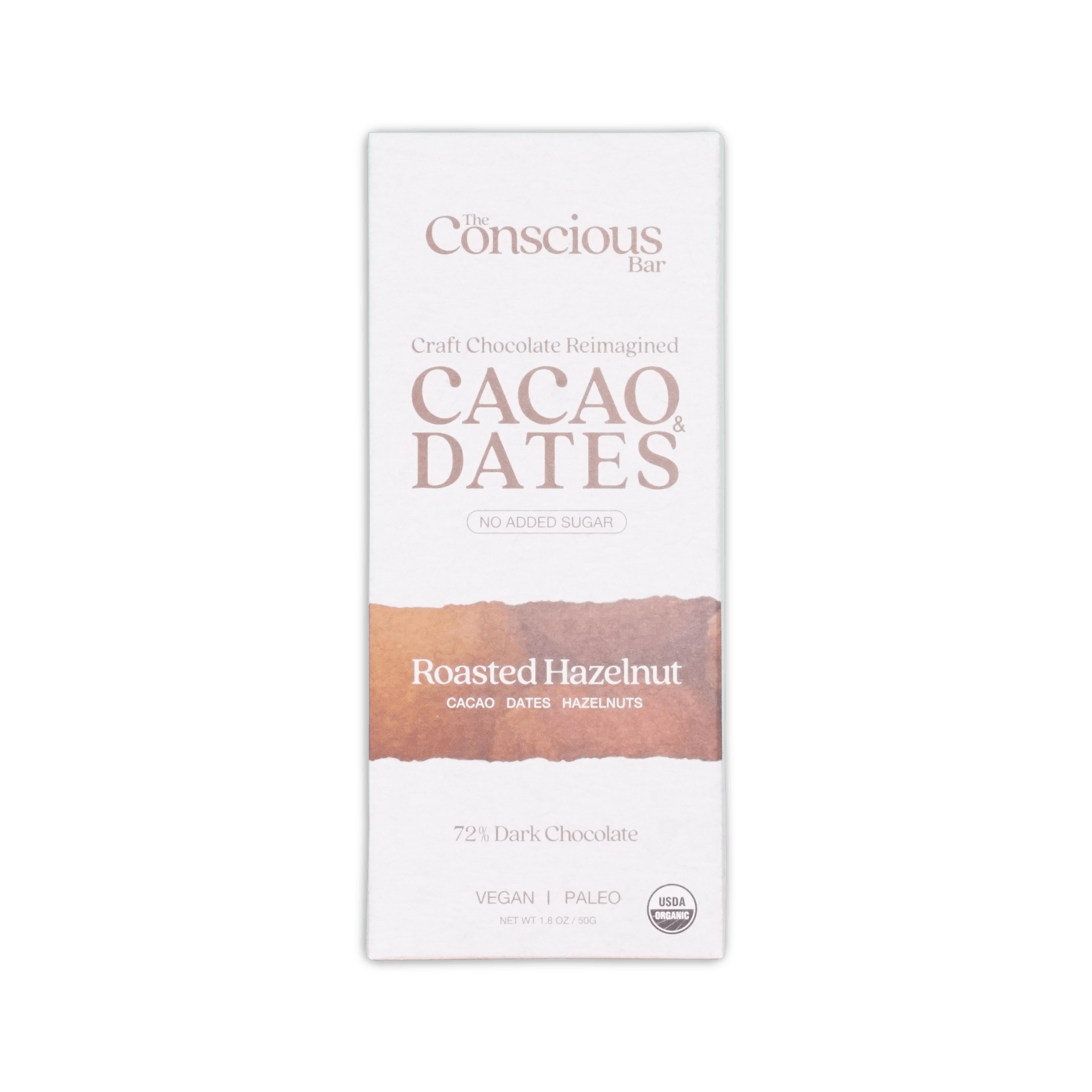 The conscious bar dark roasted hazelnuts 72 percent chocolate bar in white and brown minimalist packaging