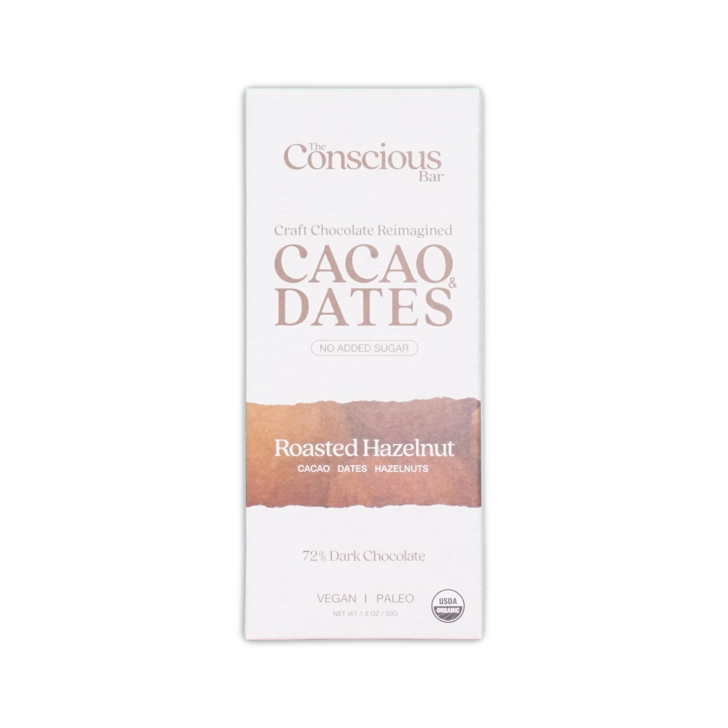 The conscious bar dark roasted hazelnuts 72 percent chocolate bar in white and brown minimalist packaging