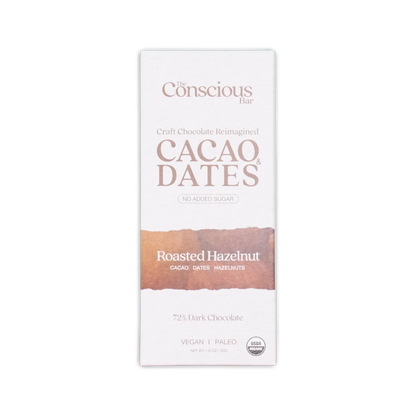 The conscious bar dark roasted hazelnuts 72 percent chocolate bar in white and brown minimalist packaging