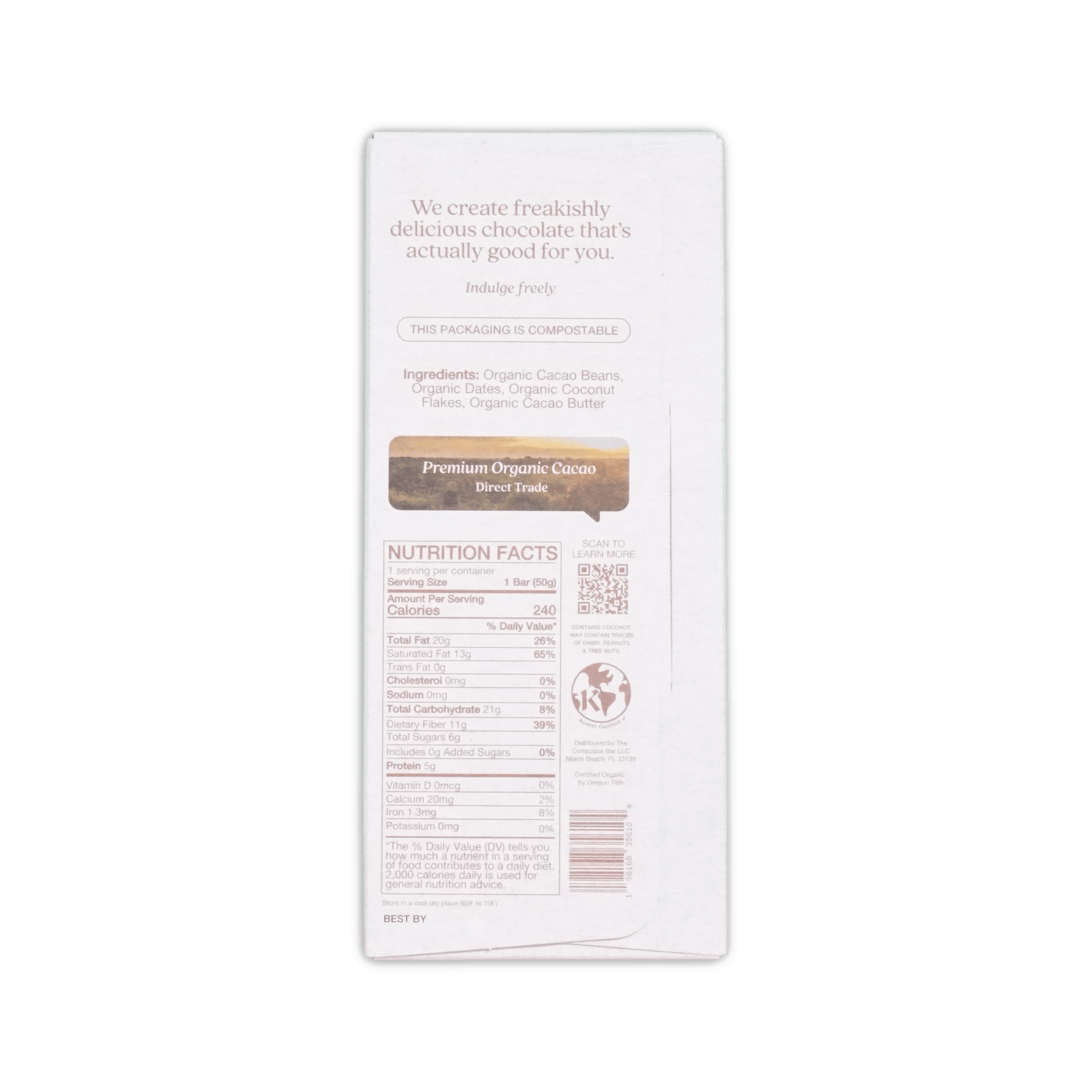 White rectangular chocolate bar wrapper with indulge freely branding and premium organic cacao for dark toasted coconut 72%