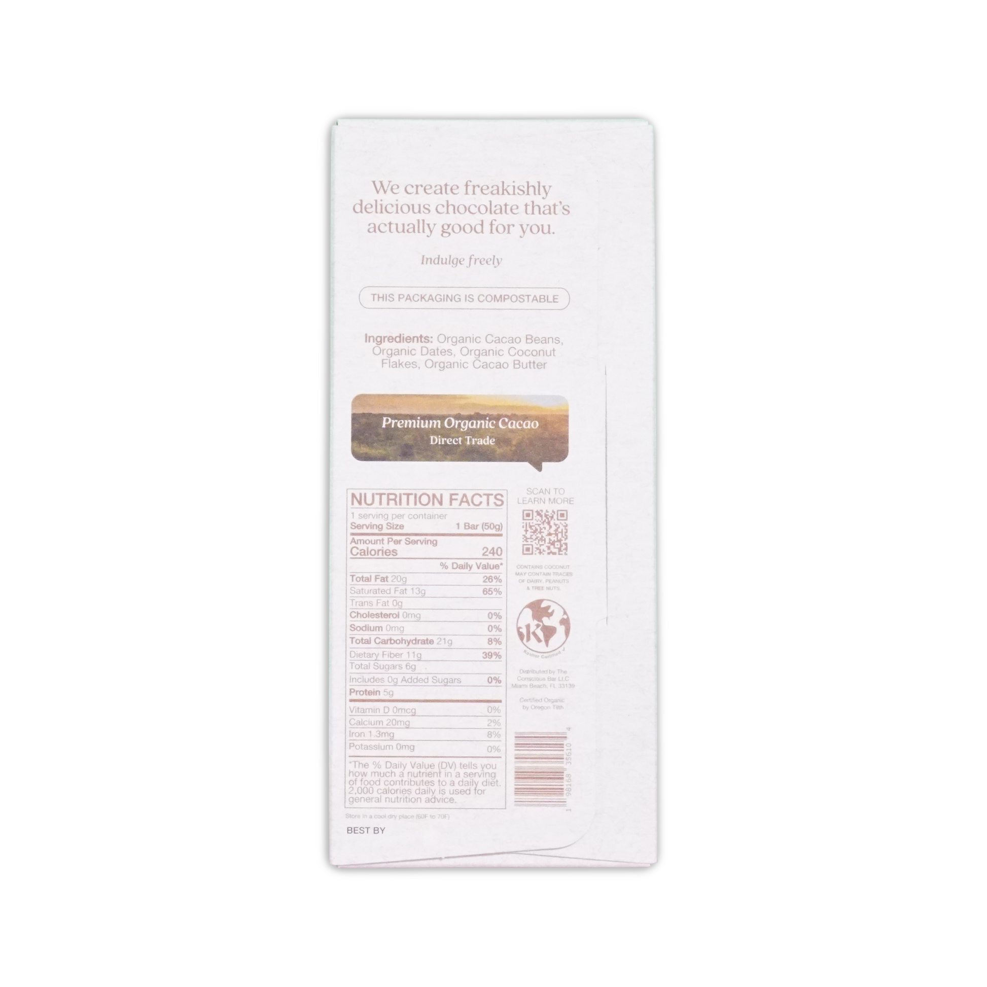White rectangular chocolate bar wrapper with indulge freely branding and premium organic cacao for dark toasted coconut 72%