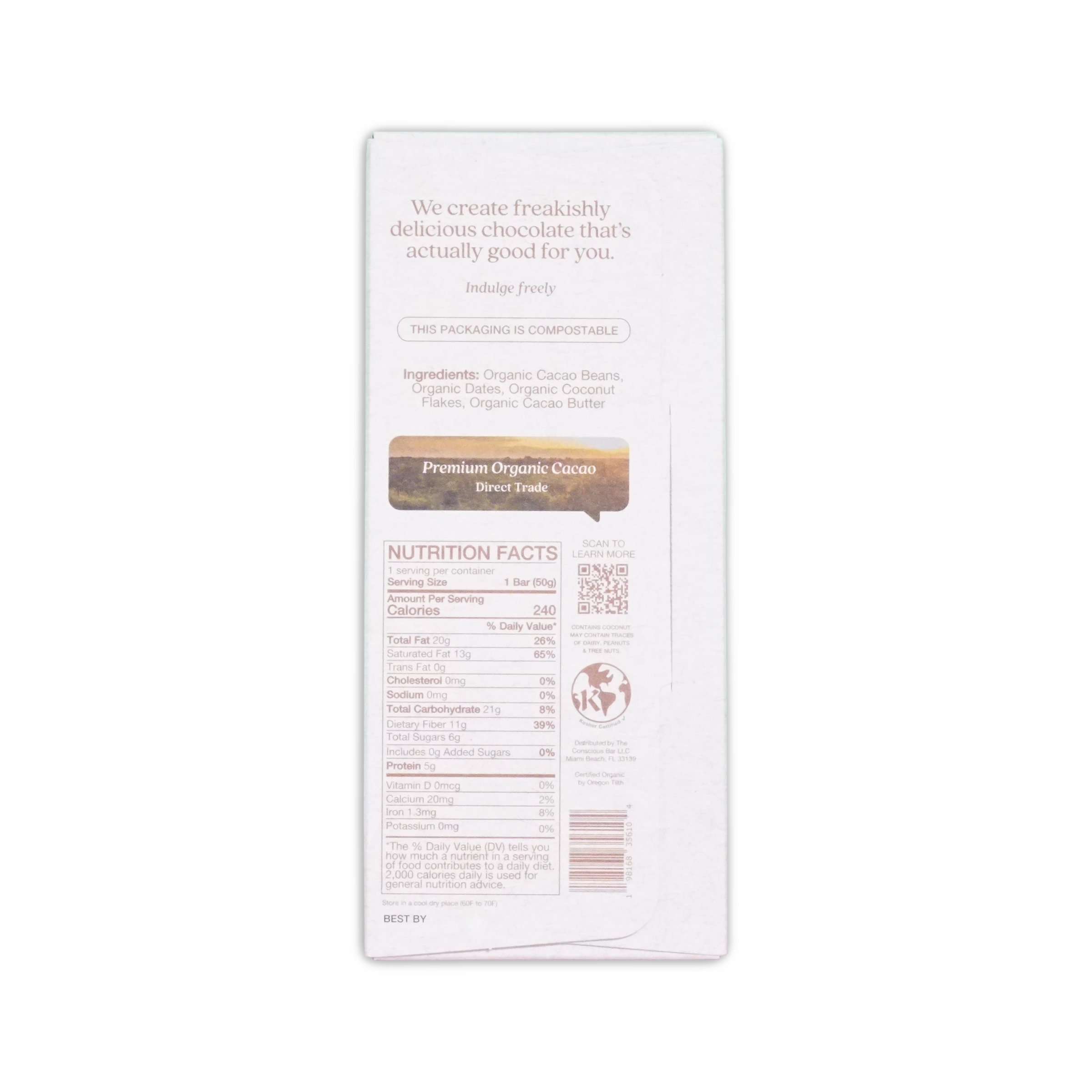 White rectangular chocolate bar wrapper with indulge freely branding and premium organic cacao for dark toasted coconut 72%