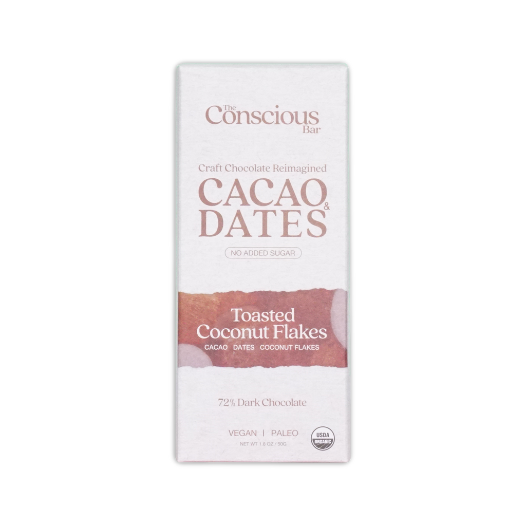 A white rectangular box of the conscious bar dark toasted coconut 72% cacao and dates chocolate with vegan paleo label
