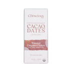 A white rectangular box of the conscious bar dark toasted coconut 72% cacao and dates chocolate with vegan paleo label