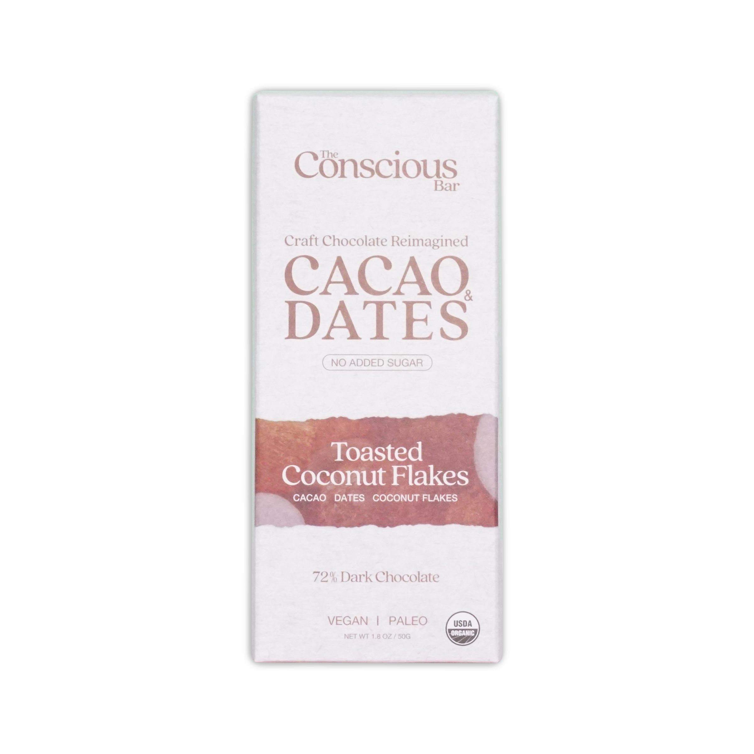 A white rectangular box of the conscious bar dark toasted coconut 72% cacao and dates chocolate with vegan paleo label
