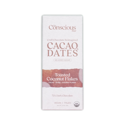 A white rectangular box of the conscious bar dark toasted coconut 72% cacao and dates chocolate with vegan paleo label