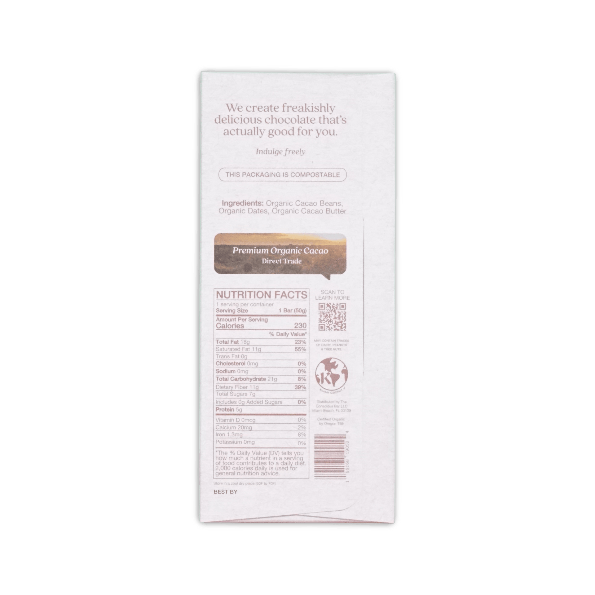 White rectangular chocolate bar packaging with premium organic cacao label for the conscious bar smooth dark chocolate 72%