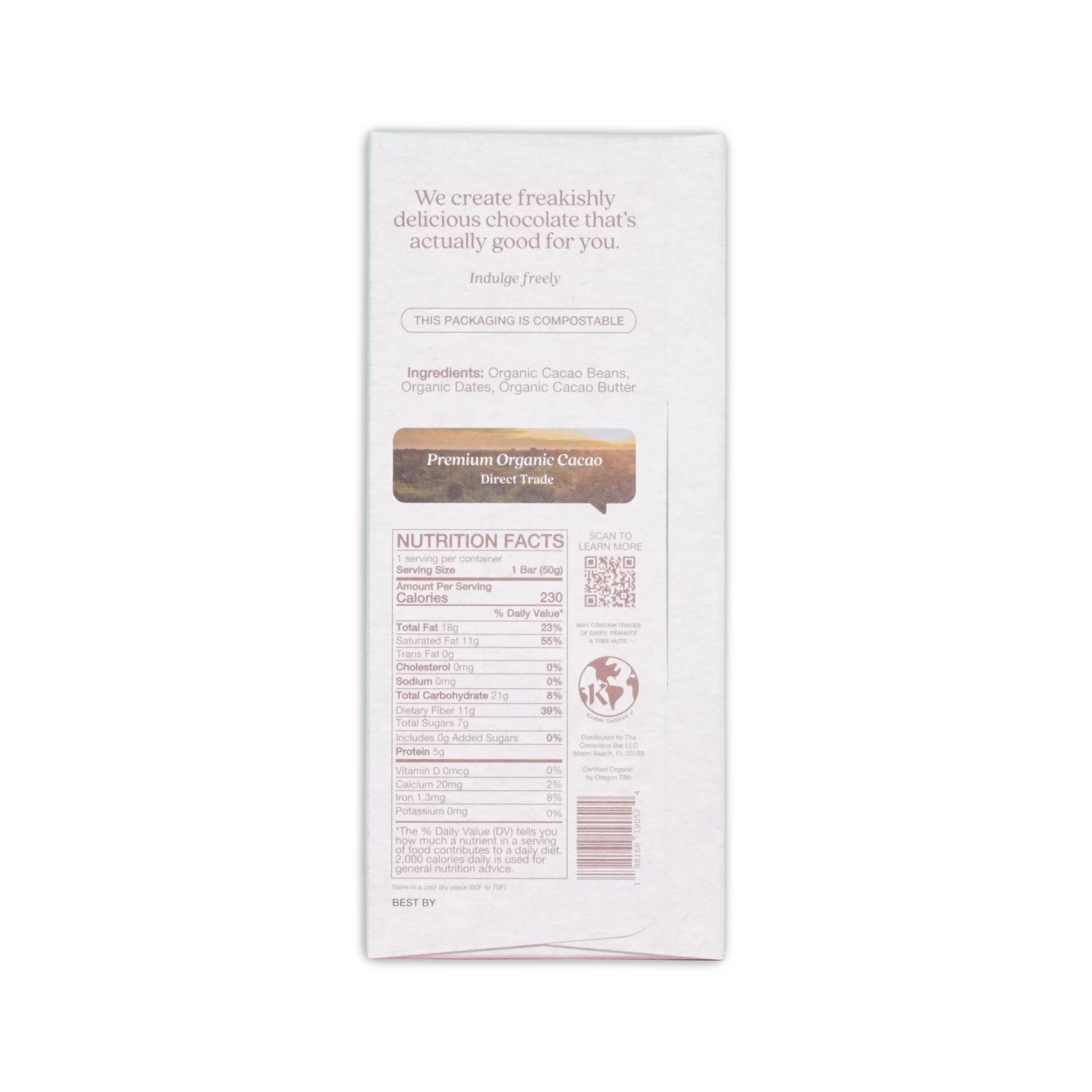 White rectangular chocolate bar packaging with premium organic cacao label for the conscious bar smooth dark chocolate 72%