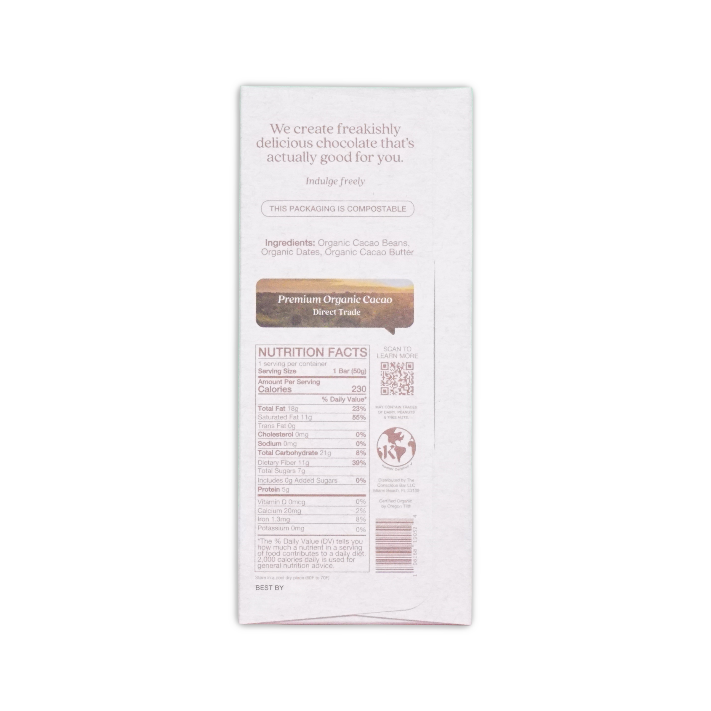 White rectangular chocolate bar packaging with premium organic cacao label for the conscious bar smooth dark chocolate 72%